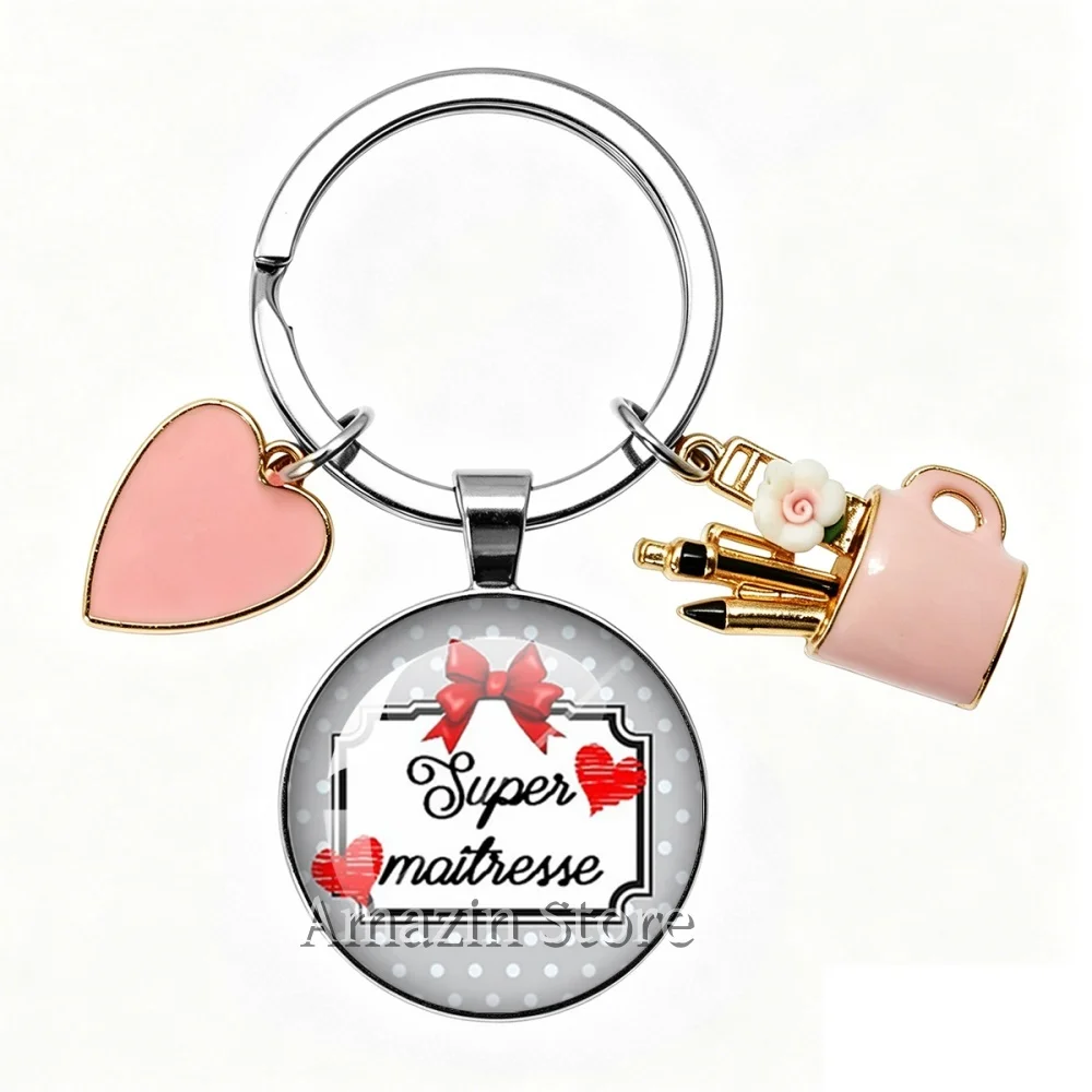 Hot Sales Merci Maitresse Teacher 25mm With Pen Holder KeyChains Glass Dome Thank You Pendant Merci Teacher's Day Gifts Jewelry