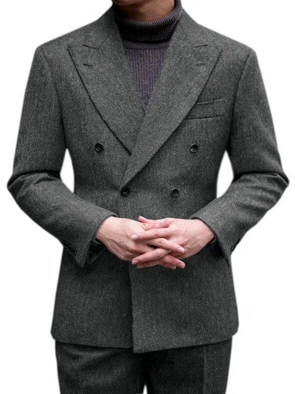 2-Piece Men\'s Grey/Brown Herringbone Pattern Suits Wool Business Suit Double Breasted Jacket British Casual Suit Groom Tuxedos