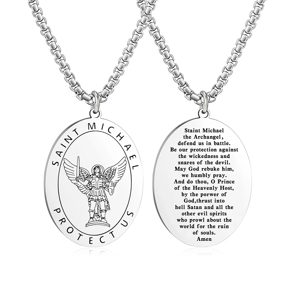 Saint Michael Archangel Prayer Necklace Religious Oval Pendant 