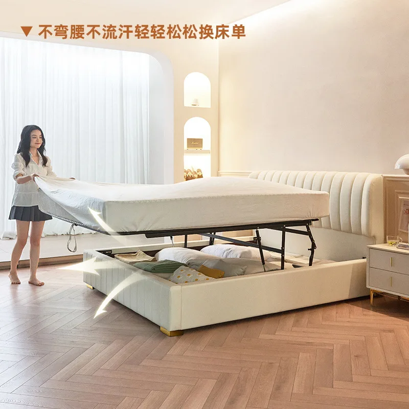 Nordic first leather bed double master bedroom wedding bed is luxurious and simple. online celebrity storage high box multifunct