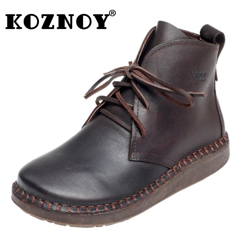 

Koznoy 1.5cm 2024 Cow Natural Genuine Leather Ankle Boots Comfy Spring Autumn Ankle Booties Flats Moccasins Women Lace Up Shoes