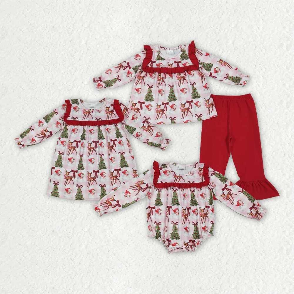 

GLP2419 Wholesale baby girl clothes Summer Christmas bow lace long sleeve pants sets Boutique kids clothes girl baby romper