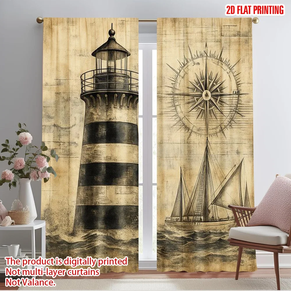 2pcs,2D plane printing Minimalist Curtains Beacon Journey Durable 100% Polyester Fabric (without rod) Art Deco Festive Perfect