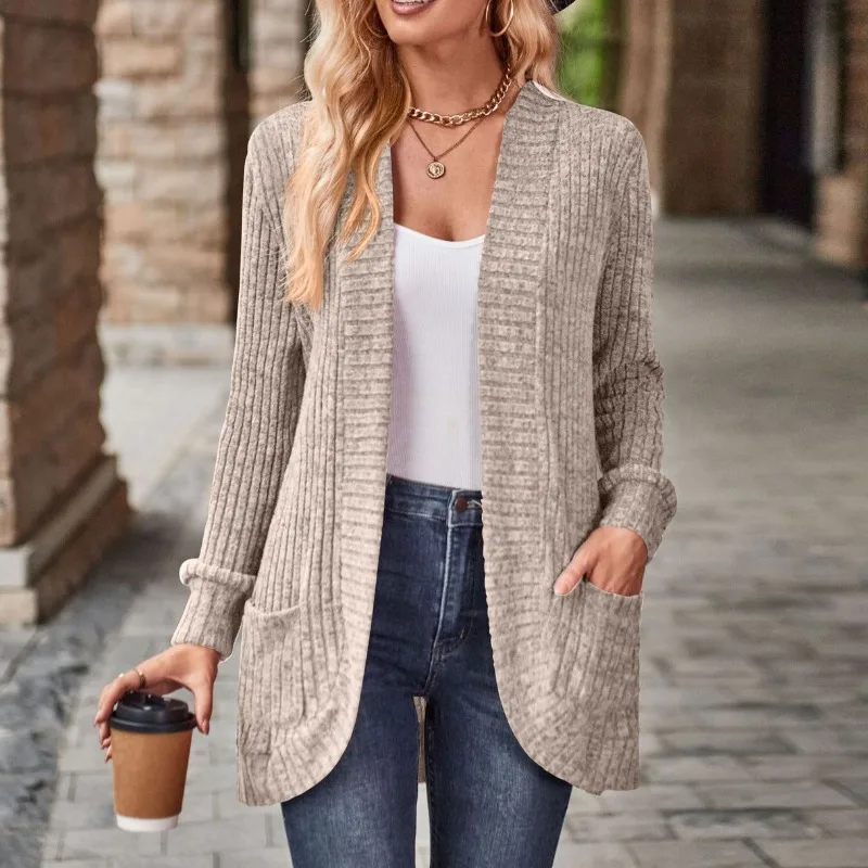 Women's Solid Color Ribbed Knit Cardigan Long Sleeve Open Coat with Pockets Autumn Casual Loose Fit Sweater Office Lady Cardigan