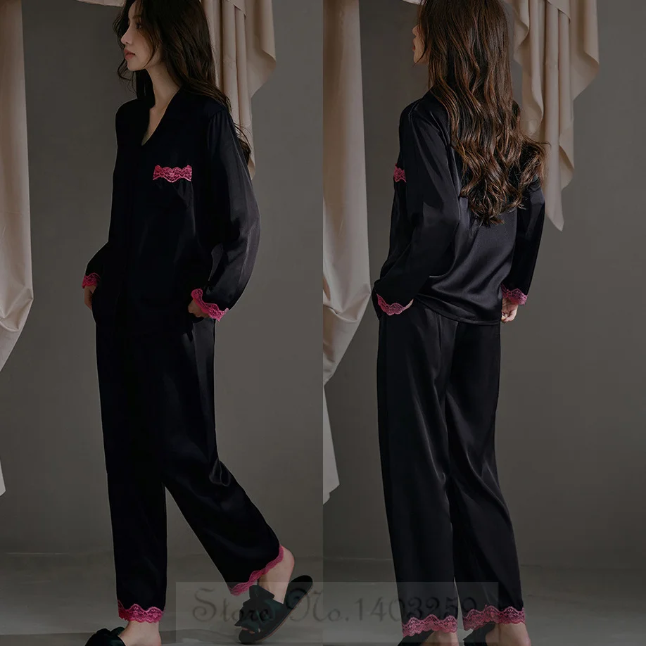 Women 2PCS Pajamas Set Sexy Black Rose Pink Lace Trim Sleepwear Underwear Spring Summer Satin Trouser Suits Loose Lounge Wear