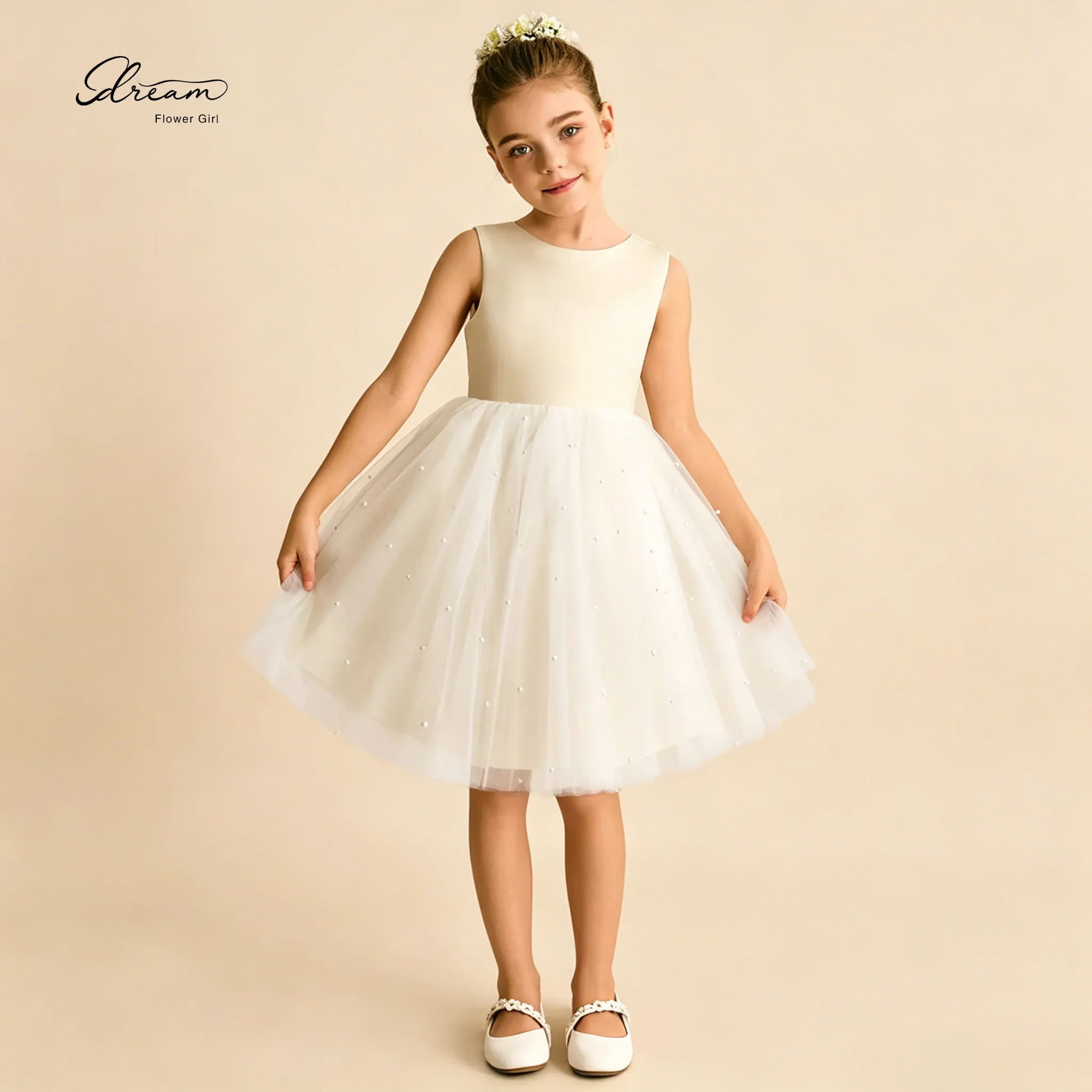 

Ivory Flower Girl Dress Sleeveless Knee Length Pearl Tulle Skirt Kids Wedding Party First Communion Pageant Bridesmaid