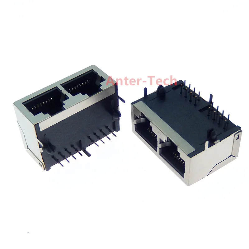 1Pcs 1*2 RJ45 Metal 8 Pin Female PCB Right Angle Board Jack Connector 8P8C Crystal Head Socket 1x2 21mm Network Interface