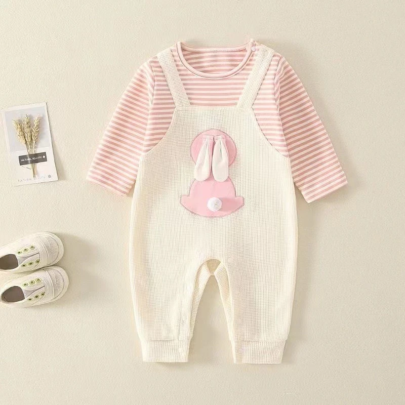 Baby Girls Spring-Autumn False Two-Piece Romper: Cute Rabbit Striped Long-Sleeve Jumpsuit Newborns Cozy Bodysuit for Outdoor