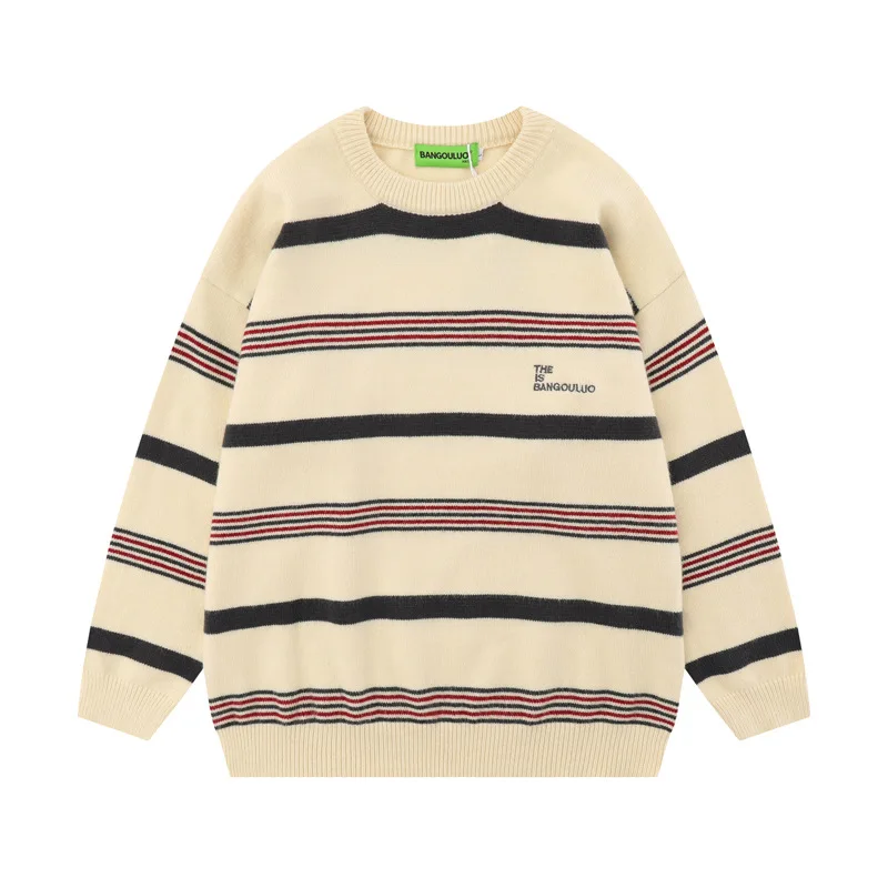 

Американский ретро японский полосатый пуловер, вязаный свитер, мужской и женский модный брендовый свободный универсальный свитер в студенческом стиле