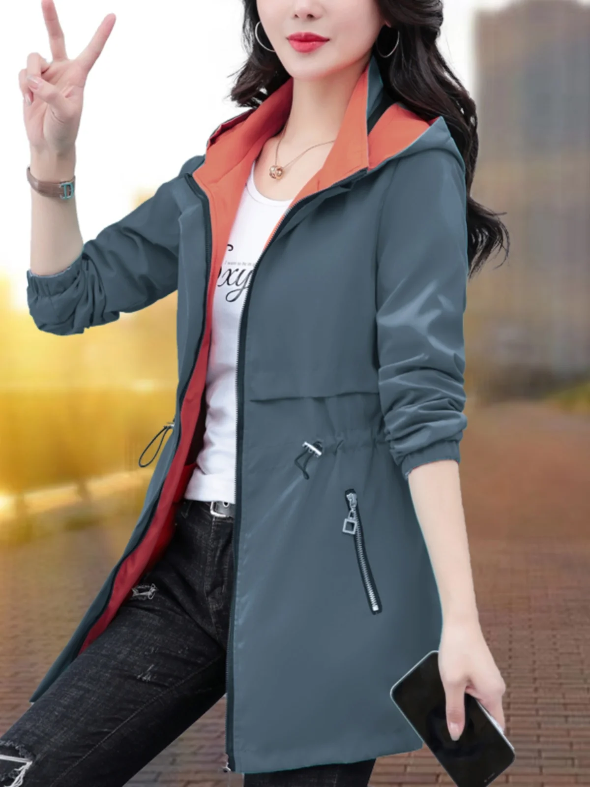 

Двусторонняя одежда, женское повседневное свободное длинное пальто, весенне-осенний сезон, универсальное, удобное, на молнии из полиэфирного волокна