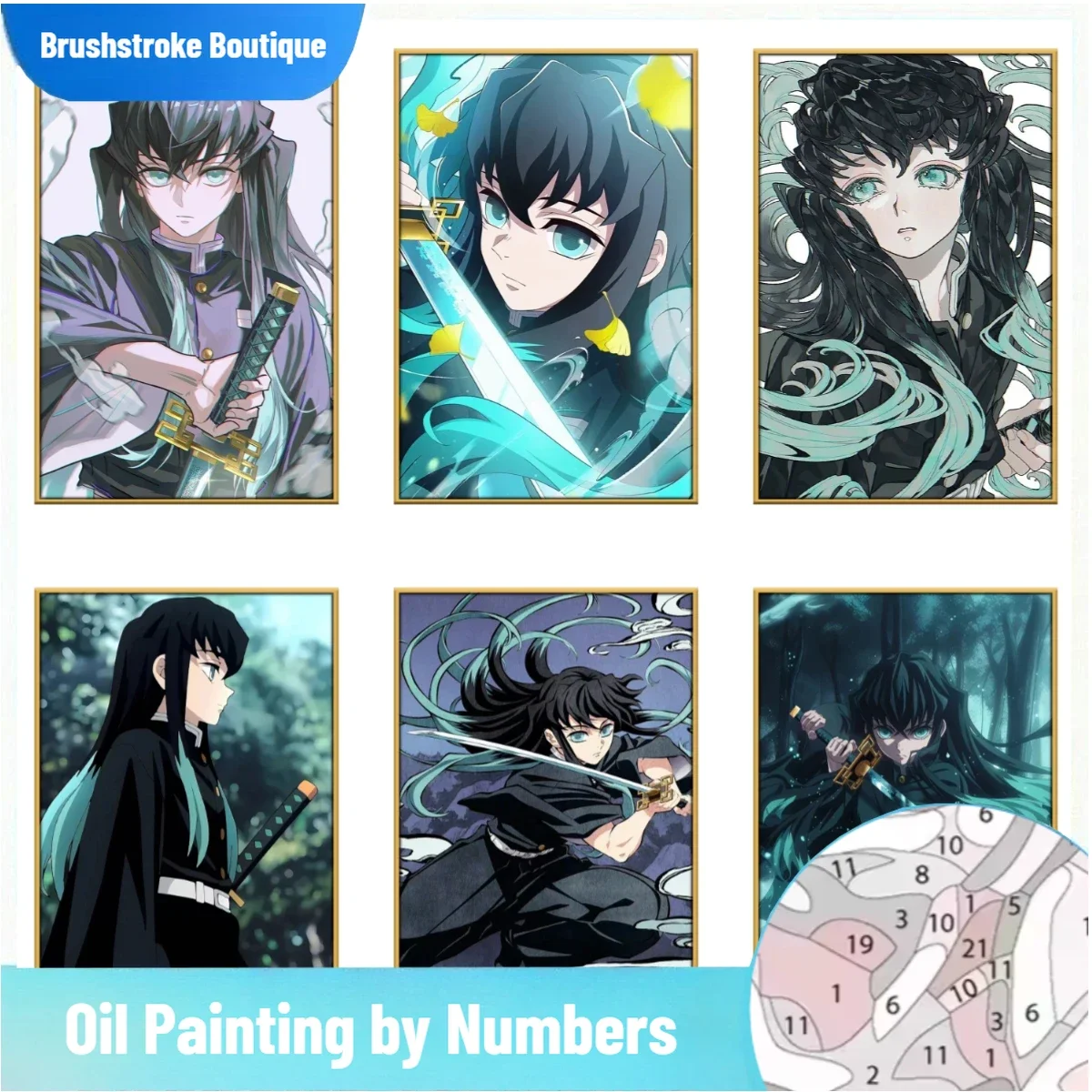 Brushstroke Demon Kimetsu no Yaiba Tokito Muichiro DIY pintura de números Anime relleno hecho a mano colorear arte decorativo de pared