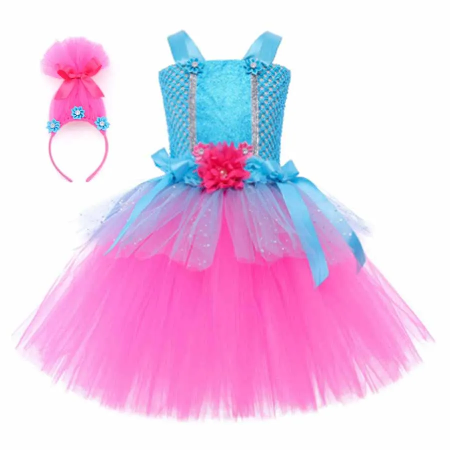 Trolls Tutu Dress for Girls Princess Poppy Birthday Costumes Carnival Party Costume Toddler Kids Pumpkin Dress Up DanceTutu Dres
