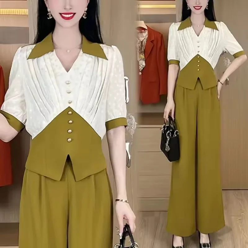 Spring Summer Short Sleeve Women's Assorted Colors Suit Casual Shirt + Advanced Sense Versatile Wide Leg Pants Female 2-Piece