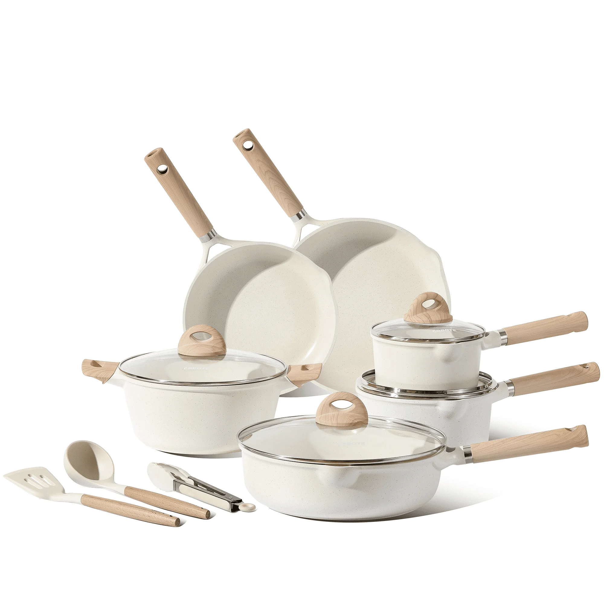 

13 Piece Cookware Set White Non Stick Coating White Color with Speckles Exterior Easy To Clean Fast Even Heating