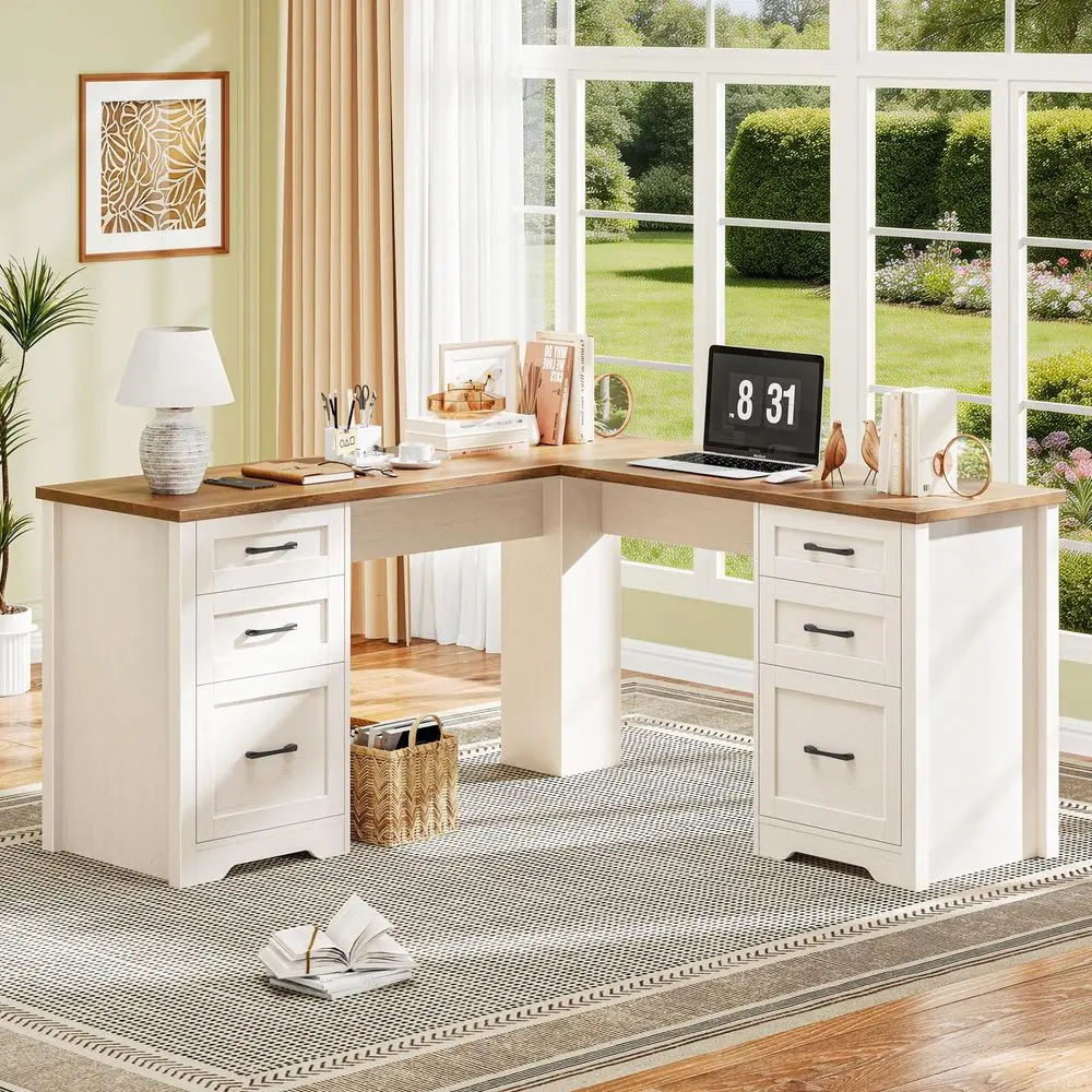 

Farmhouse 59 LShaped Executive Desk with 2 File Drawers 4 Storage Drawers, Wood Corner Computer Desk Sturdy Writing Workstation
