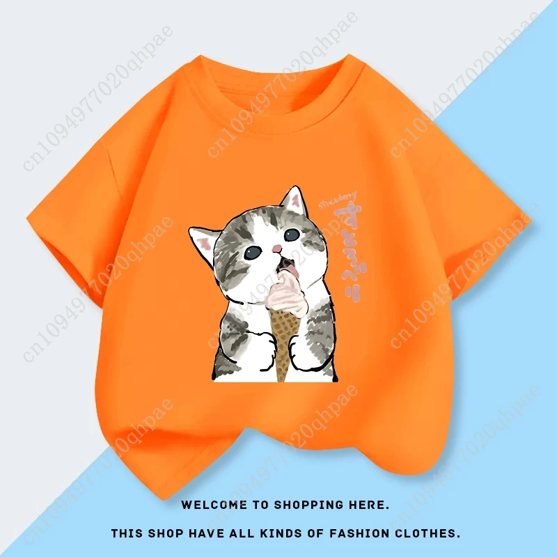 Mofusand القط الفتاة ملابس قصيرة الأكمام تي شيرت الطفل القطن الخالص أعلى الصيف ملابس جديدة الأطفال قميص أساسي