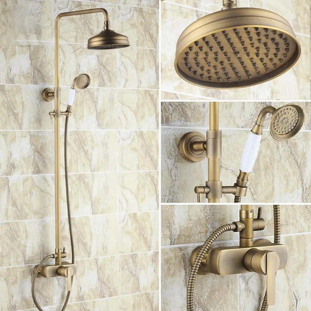 

Antique Brass 8" Rain Shower Head Faucet Set Wall Mount Mixer Tap Handheld Wand Shower Sprayer