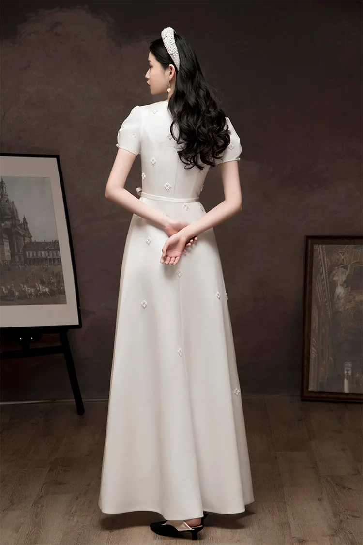 Robe de Soirée Élégante en Satin Blanc, Simple, Longue, Perles, Col en V, Tenue de Fiançailles