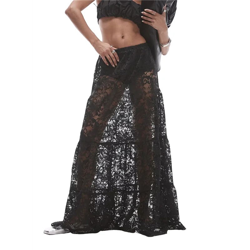 

NEW-Women Lace Long Skirt Sheer Mesh Bodycon Maxi Skirts Elegant Summer Beach Coverups