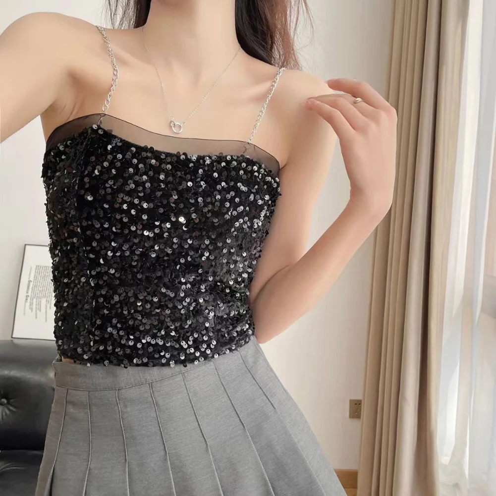 

New Women\\'s Strapless Sexy Sequined Chain Suspender Slim Fit Chain Versatile Vest With Chest Pad Spicy Girl Mesh Ladies Sling
