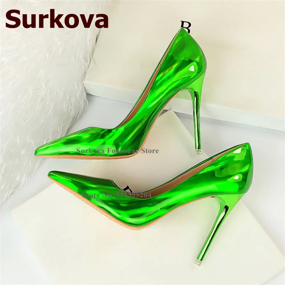 Surkova 12cm High Heel Fluorescent Purple Red Dress Shoes Metallic Glossy Patent Leather Shallow Pumps Pointed Toe Size45 Heels