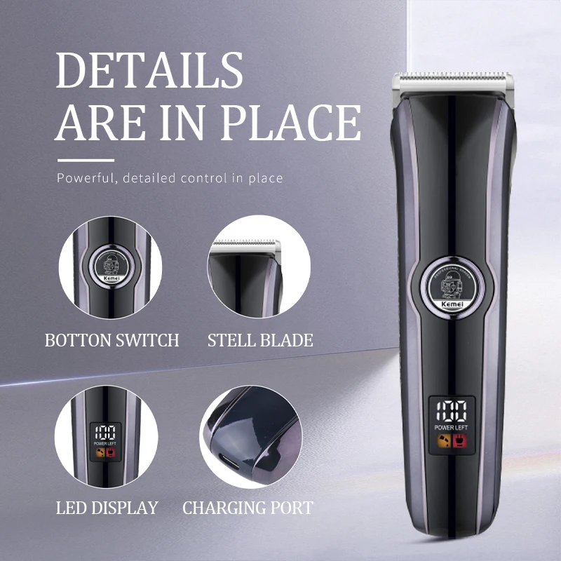 Kemei-مقص الشعر الكهربائي الاحترافي للرجال ، آلة تشذيب الشعر القابلة لإعادة الشحن ، آلة لاسلكية ، قاطع بشاشة عرض LED