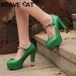 REAVE CAT Patent Leather Women Pumps Round Toe High Heels 11.5cm Platform Crystal Buckle Strap Size 49 50 Sexy Party Shoes