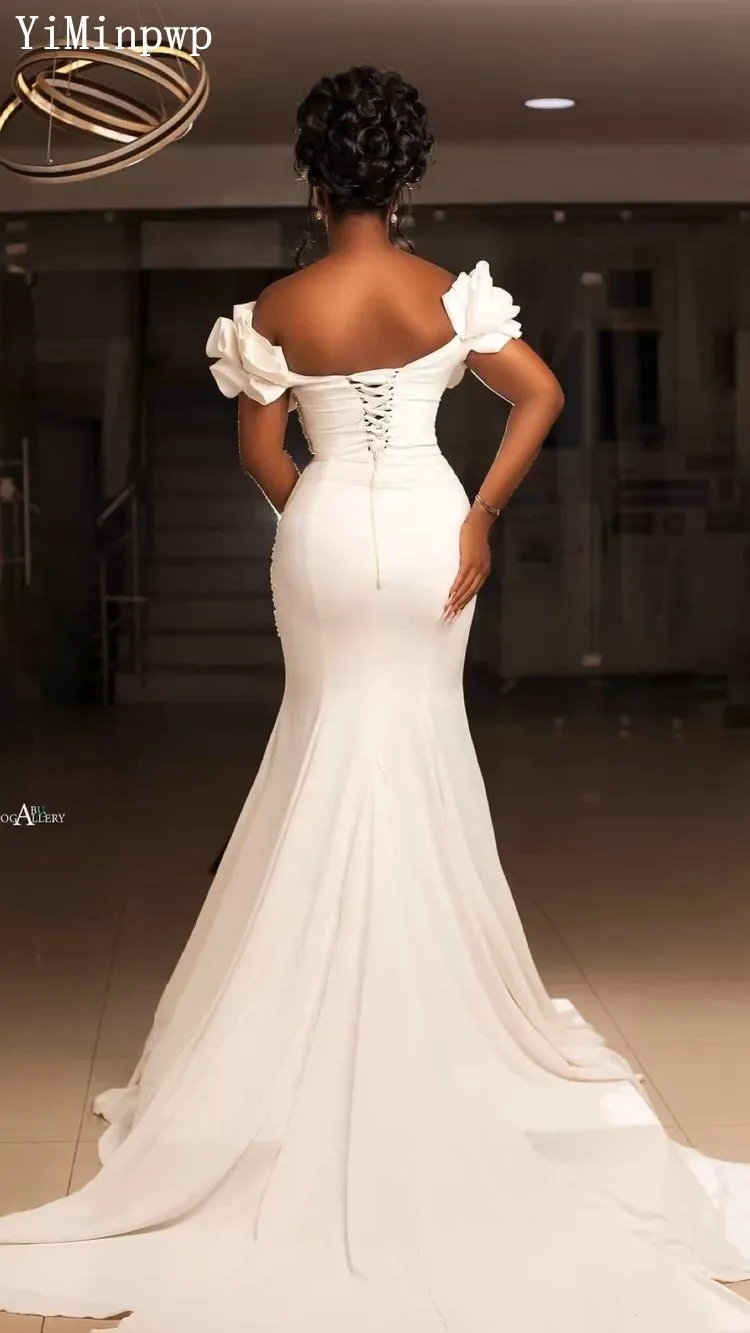 Elegant Mermaid Trouwjurken Voor Bruid Off Shoulder Corset Terug Sweep Trein Pleats Kralen Aso Ebi Tuin Land Bruidsjurken