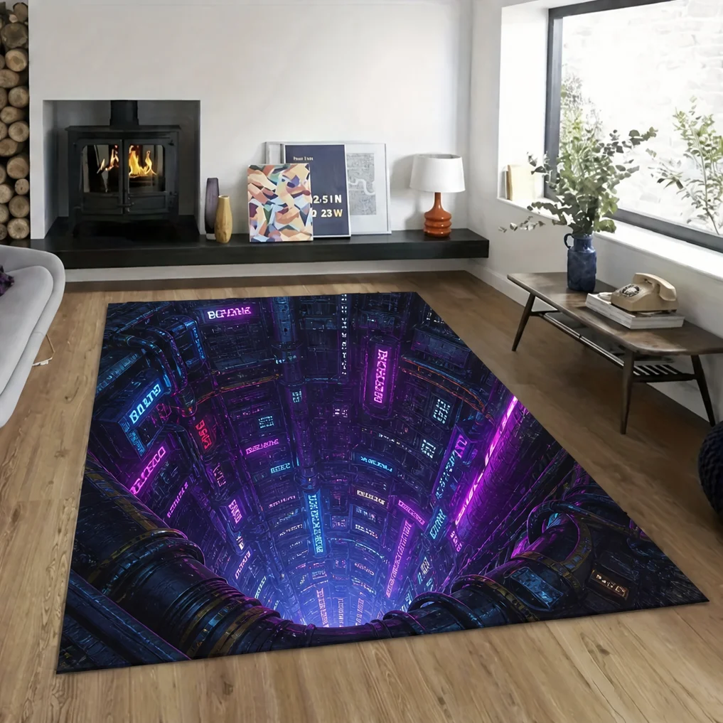 3D Visual Illusion Floor Mat Cyberpunk Cave Ocean Whirlpool Lava Pit Pattern Decorative Area Rug for Living Room Bedroom Indoor