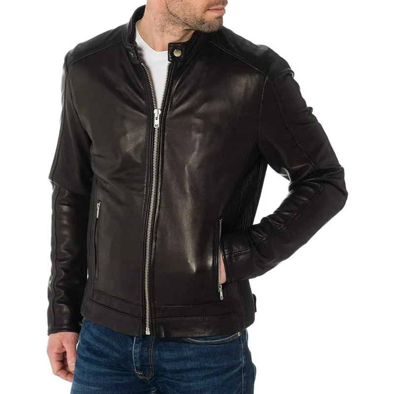 Men's 100% Black Genuine Lambskin Biker Leather Jacket Silver Zip Premium Outfit