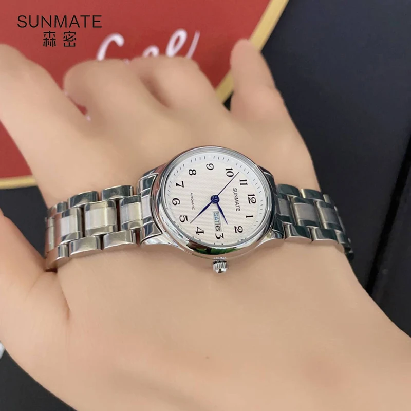 SUNMATE Women's Automatic Mechanical Calendar Dial Stainless Steel Waterproof Digital Elegant Ladies Watch