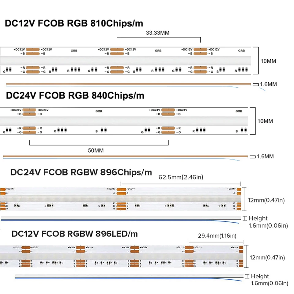 FCOB RGB RGBW Striscia luminosa a LED 12V 810 24V 840 896 LED FOB flessibile COB 10mm 4pin 12mm 5pin Luci ad alta densità RA90 dimmerabili