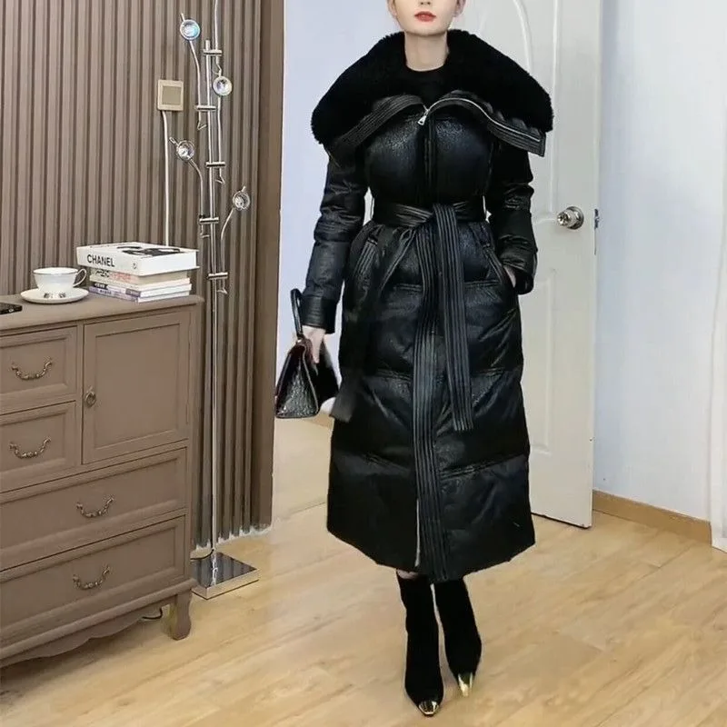 大きな襟のウエストダウンジャケット レディース 冬新作 韓国風 厚手 ゆったり ロング丈 膝丈 ホワイトダックダウンジャケット 上品 通勤