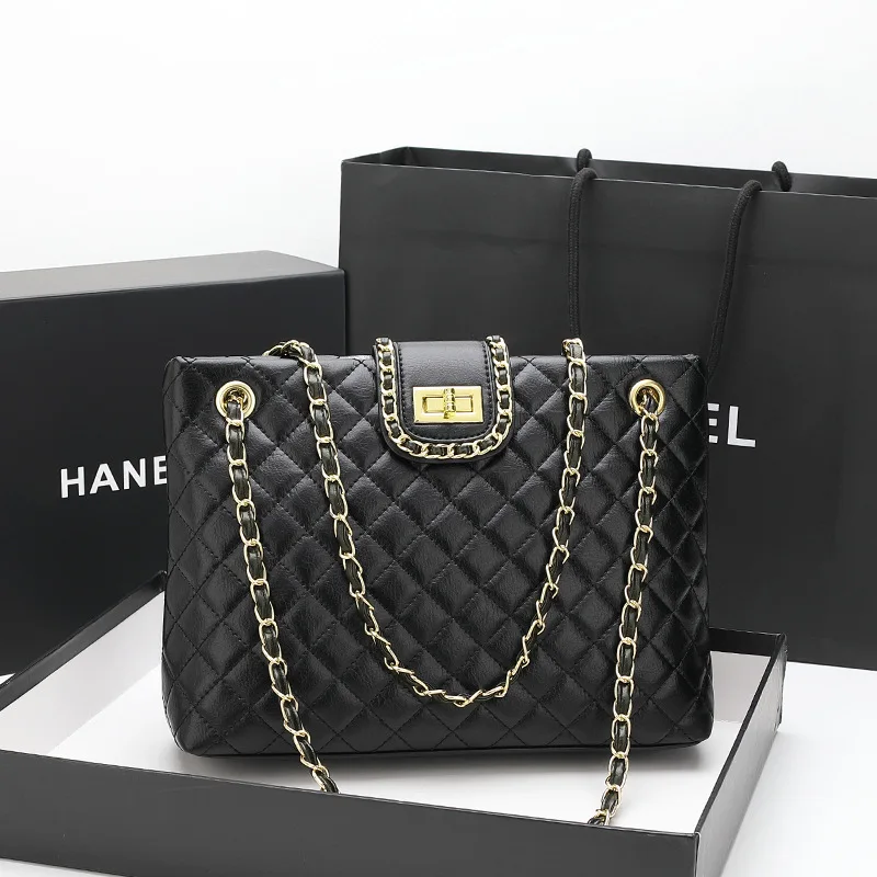 

Women's Real Leather Tote - Trendy Large Quilted Chain Shoulder Underarm Bucket Bag for Amazon Cross-Border