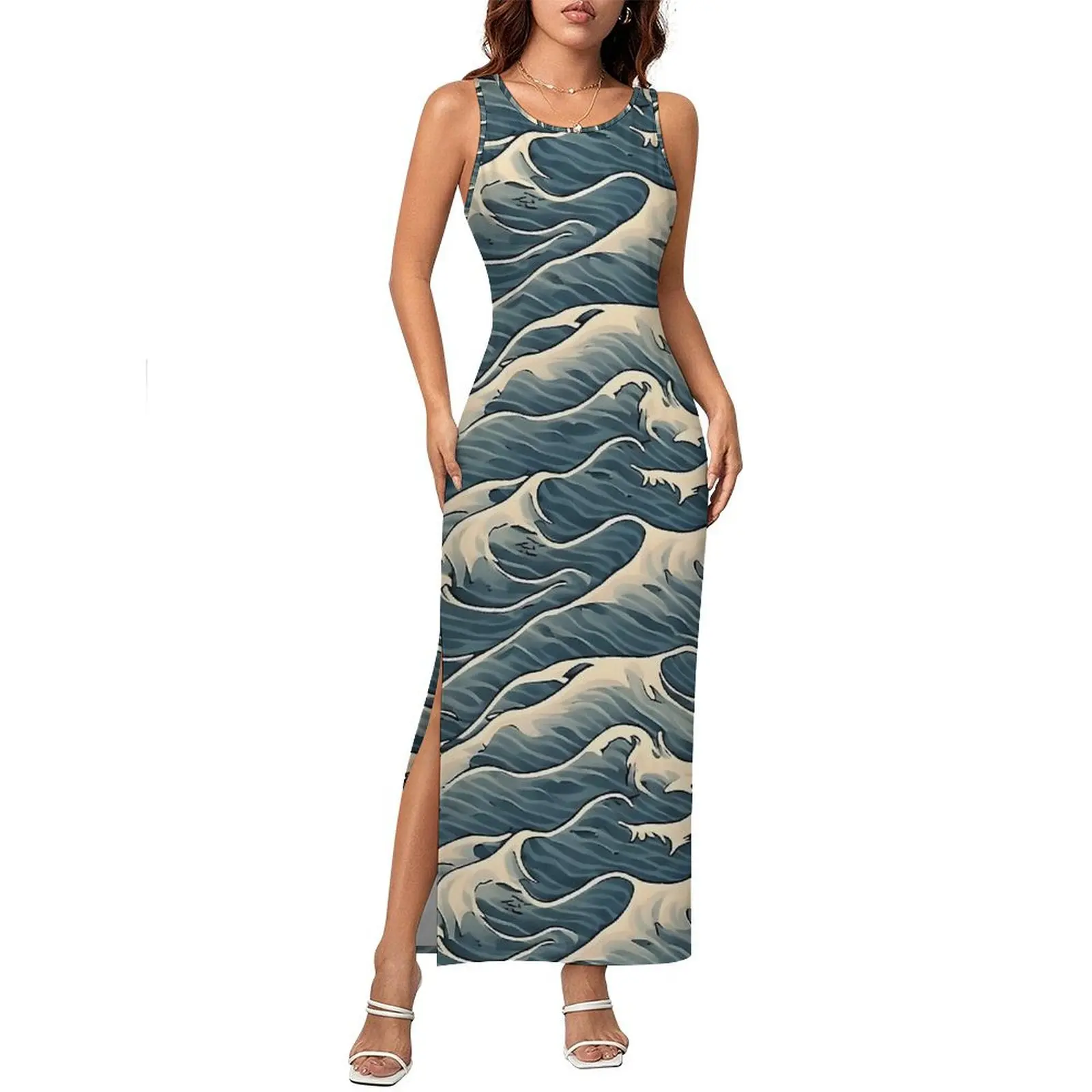 여성 바디콘 드레스 클럽 섹시 오션 블루 웨이브 프린트 맥시 드레스 봄 민소매 스트릿 패션 그래픽 드레스 큰 사이즈