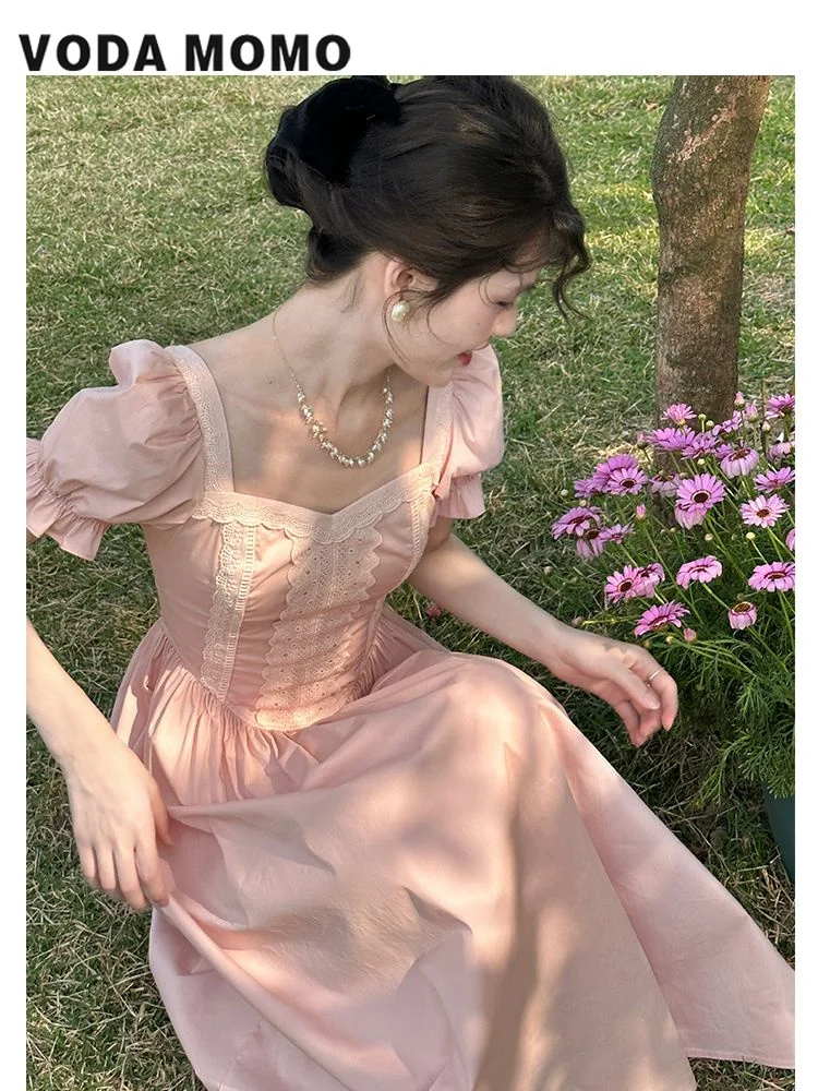 

2023 Summer Korean Fashion Elegant Ins Holiday Fashion Short Puff Sleeve Dress Women Sweet Princess Midi Dress French Vintage