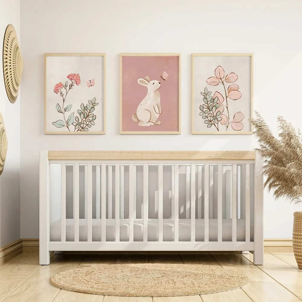 3PCS Frameless Watercolor Cute Bunny and Floral Canvas Wall Art Prints Set, Soft Pink Green Eucalyptus and Butterfly Nursery