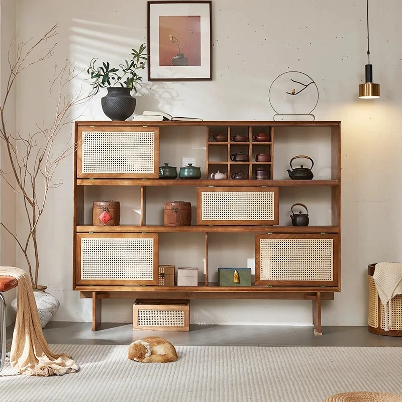 

rattan tea room furniture display cabinet against the wall storage cabinet wabi sandy wind tea tea set bogu rack