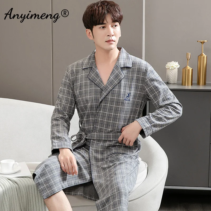 4XL Big Size Male\'s Robe New Autumn Winter Home Coat Long Sleeved Plaid Deer Embroidered Luxury Knitted Cotton Fashion Bathrobe