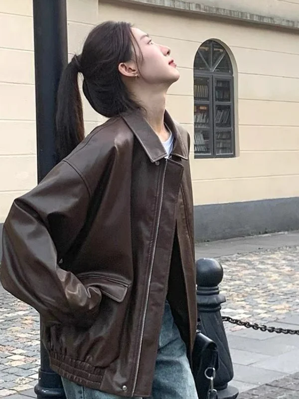 Bruin leren jack Dames retro mode trend motorjas korte jas warm ander materiaal standaard pasvorm