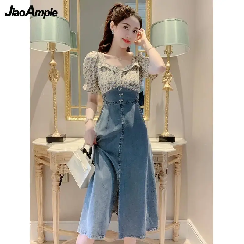 Women\'s Cotton Square Neck Denim Stitching Long Dress 2022 Summer New Slim Bow Skirt Female Clothing Korean Elegant Dresses