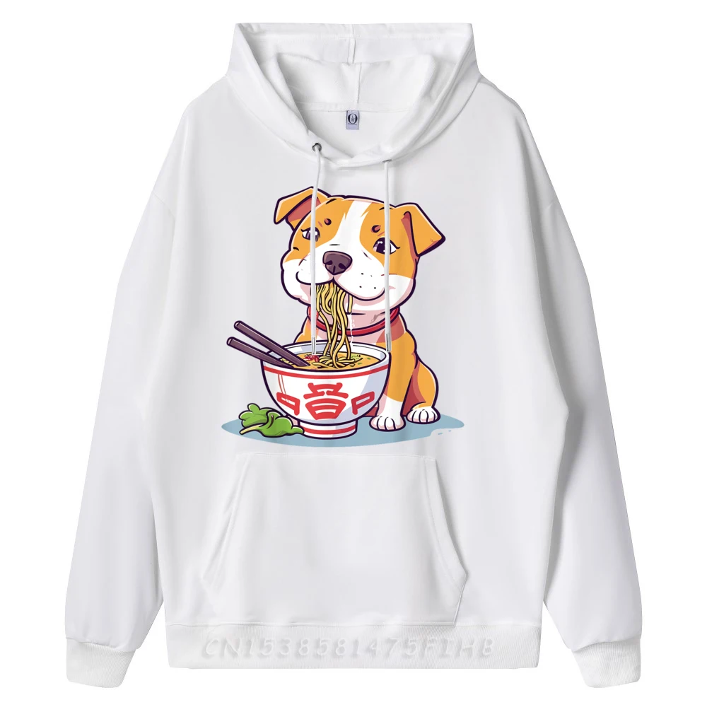 Funny Pitbull eating Ramen Noodle Soup Kawaii Graphic Luxury Designer Women Polyester Fiber Hoodies Men Party