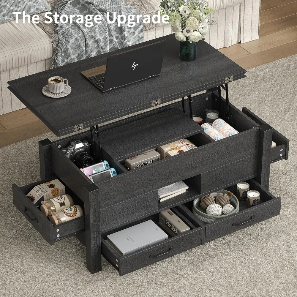 Multi-Function 39.4 Lift Top Coffee Table with 4 Storage Drawers, Hidden Compartment, Wood Center Tab, Versatile Space-Saving Fu