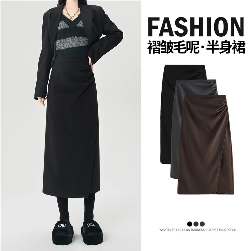

New Autumn Winter Folds Woolen Long Skirts Women Vintage Versatile Black A-line Skirt Woman Korean High Waist Straight Skirts