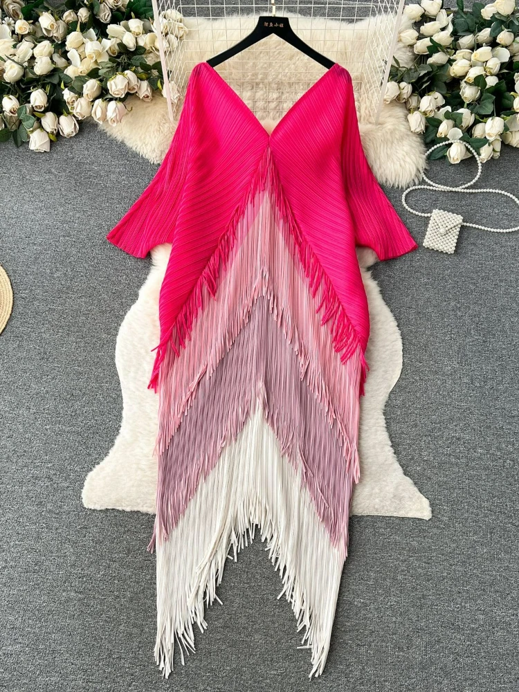 Miyake Tassel Patchwok Color Block Dress for Women Pleated Batwing Sleeve Mid-calf Dresses Fashion Female 2025 Summer - Image 3