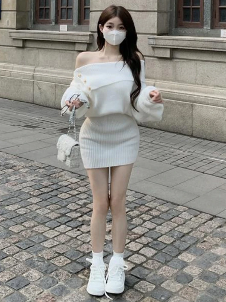 Button Knitted Dresses for Women 2024 Vestidos De Mujer Slash Neck Off Shoulder Casual Robe Femme Korean Chic Fashion Mini Dress