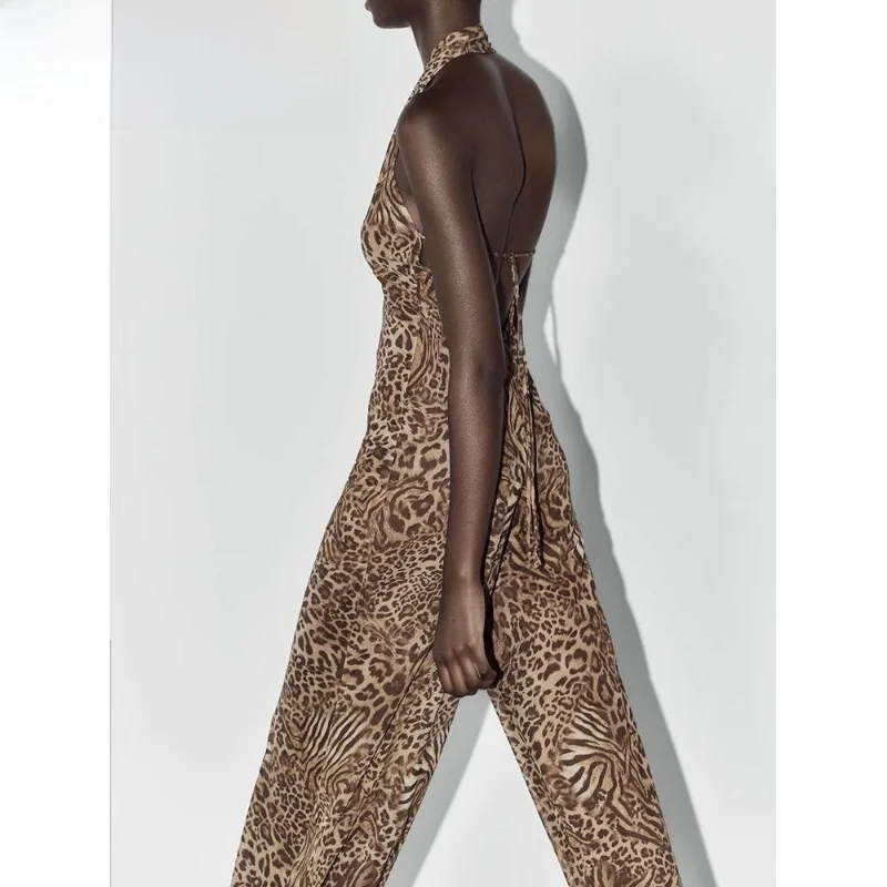 

Faionable Animal Print Silk Me Neline Jumpsuit Slim Fit Summer New Arrival Women's Clothing High Waist Long Pants