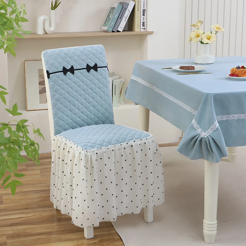 Korean Fresh Style Chair Cover Lace Trim Skirted Dust Non-Slip Dressing Table Seat Cover Decor Cute Bow Dining Chair Protector