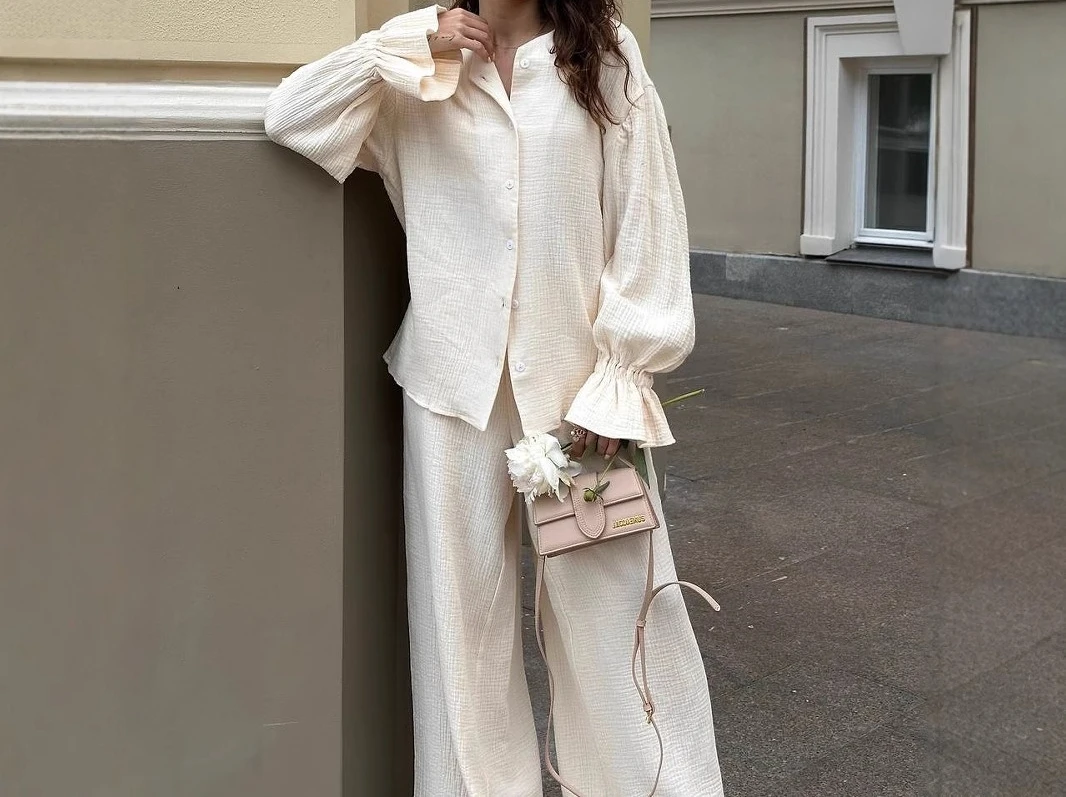 

Cotton Solid Color Flared Long Sleeve Trousers Home Set 2025 Fall New Cardigan Pajamas