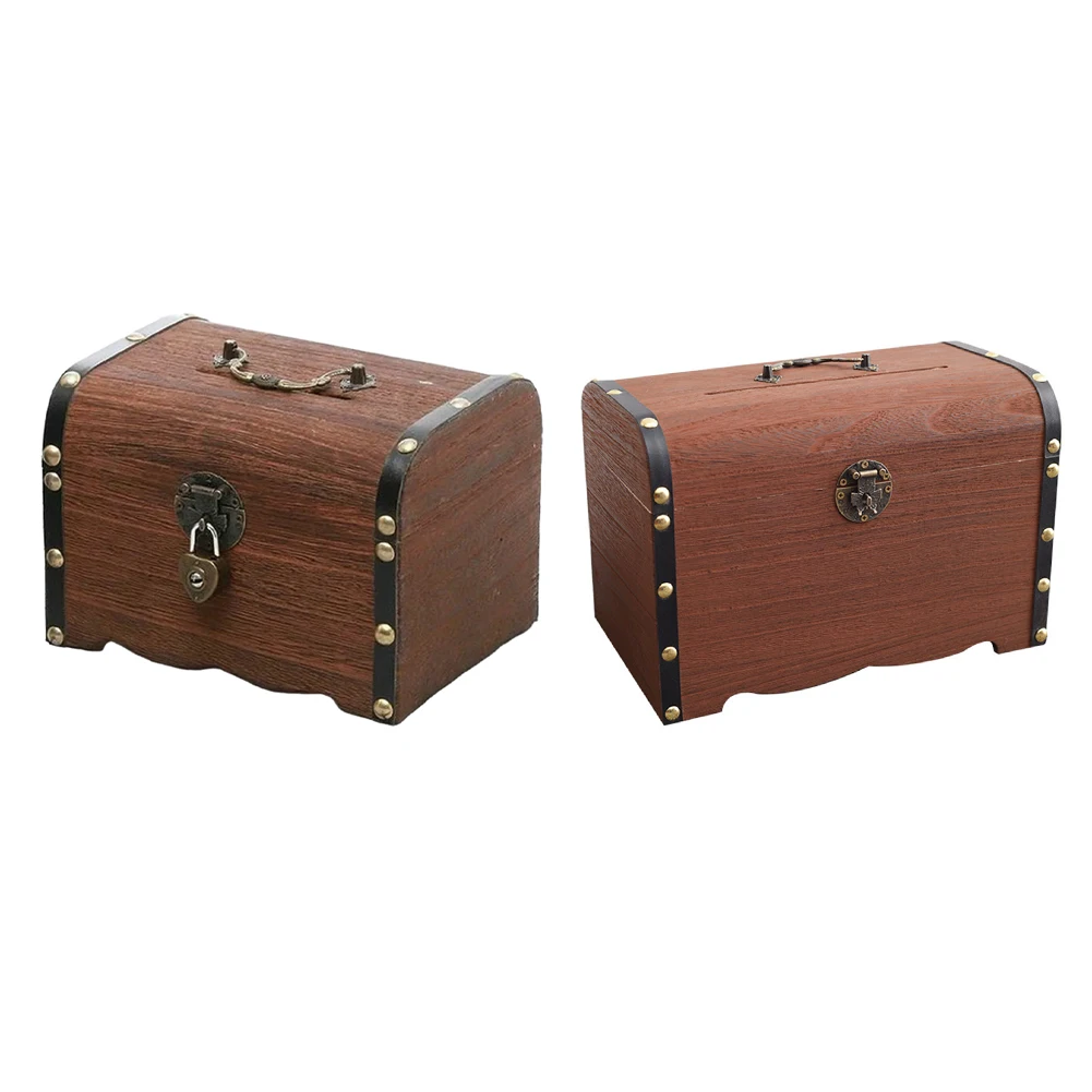 وعاء توفير صندوق المال الخشبي مع قفل ومفتاح، بنك الخنزير الخشبي الآمن لتوفير المال، منظم القراصنة